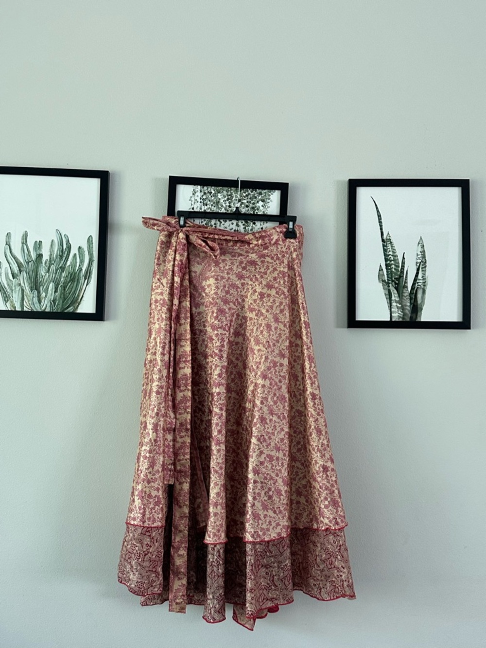 Whimsical Silk-blend Wrap Skirt in Dusty Rose, Golden Beige, And Crimson